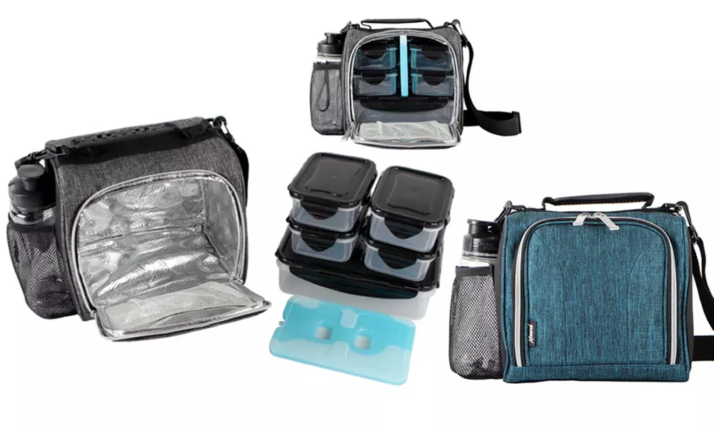 Insulated Lunch Tote with Meal Prep Containers: 8-Piece Set - Primary Image