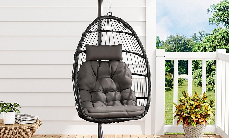 Image 36: Black Outdoor Hanging Egg Chair with Cushion