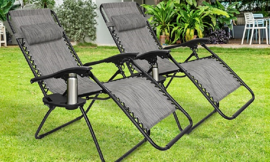 Image 1: Two Zero Gravity Reclining Chair Sun Loungers with Cup Holder