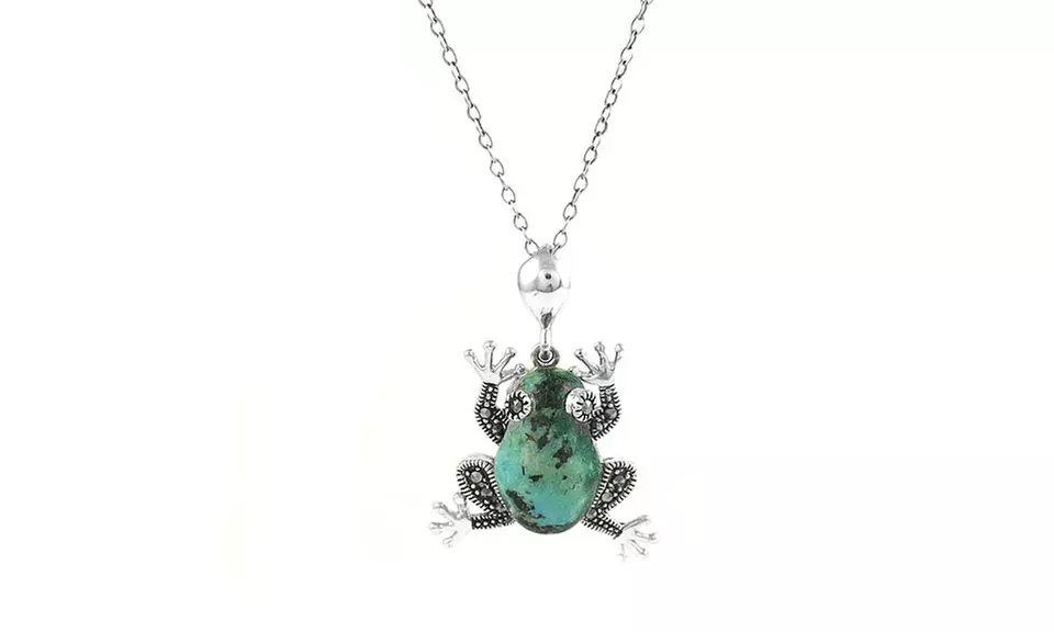 Genuine Turquoise Frog Pendant with Marcasite and Sterling Silver - Primary Image