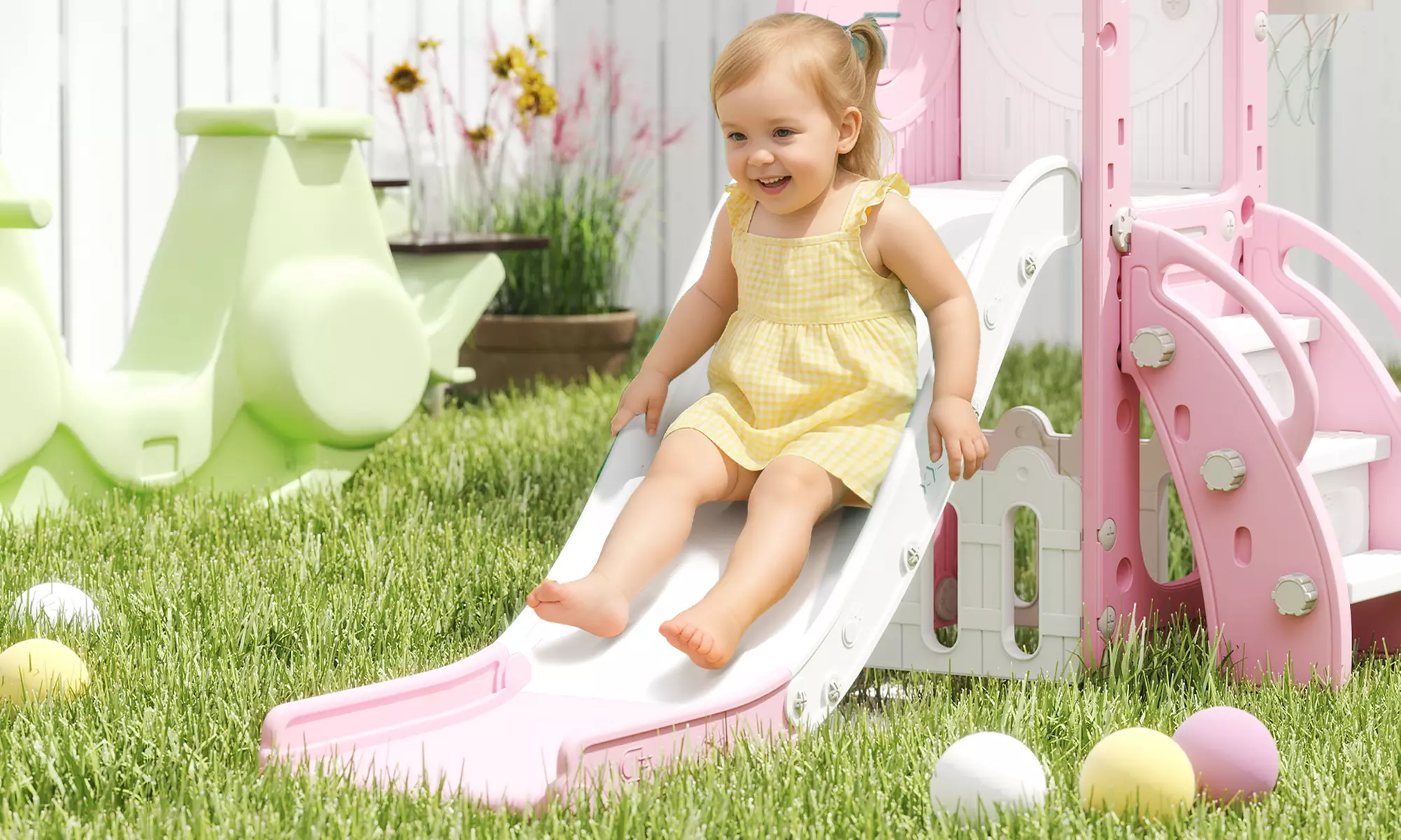 AIYAPLAY 5-in-1 Kids Slide Set with Telescope & Basketball Hoop