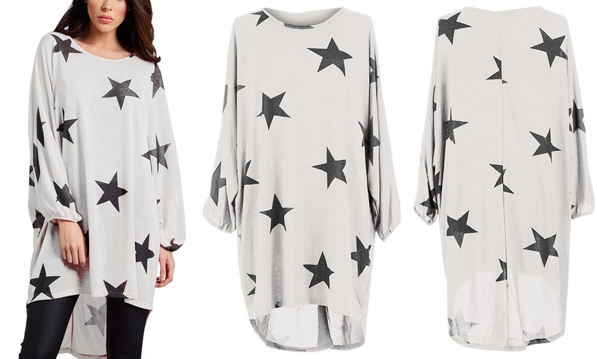 Image 3: Oversized Hi-Lo Star Print Batwing Top