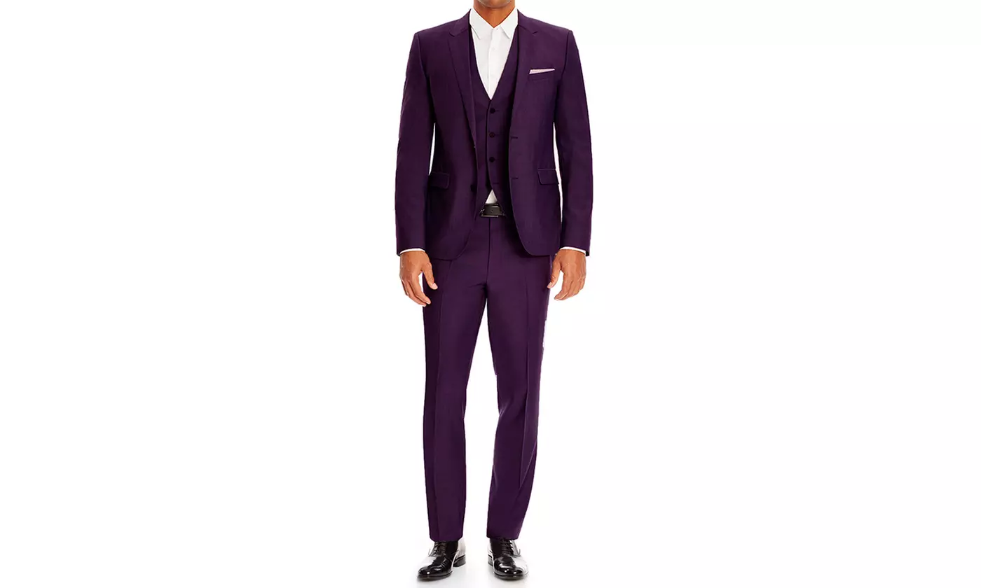 Bernardi Men's 3-Piece Wool-Blend Slim-Fit Sharkskin Suits - Second Medium