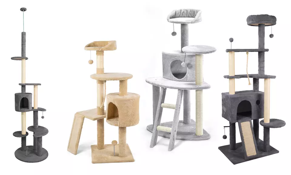 Albero tiragraffi in sisal naturale con cuccia per gatti e giochi