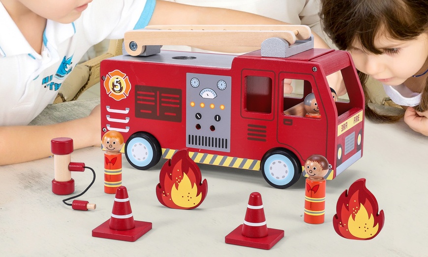 Image 6: SOKA Wooden Fire Engine Truck with Firefighter Figurines