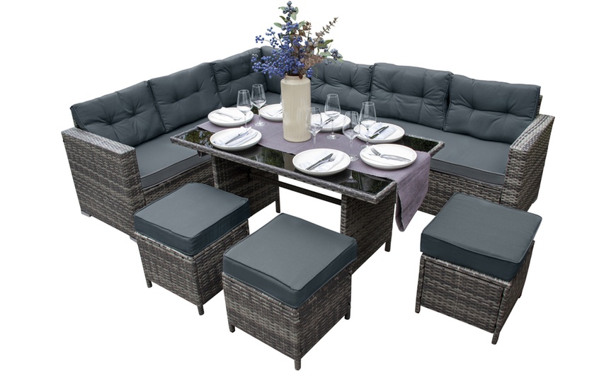 Image 5: Rattan Effect 9 Seater Corner Sofa with 3 Stools and Glass-Top Table