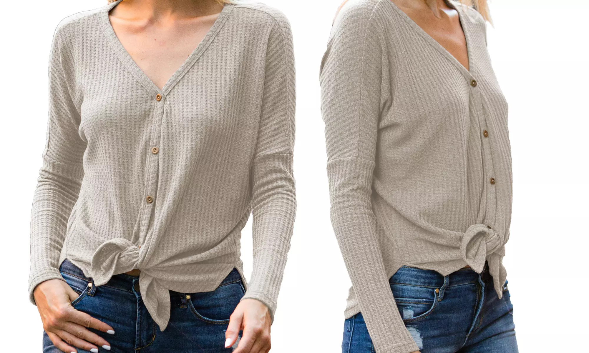 Reflection Women's Button & Tie-Front Oversized Waffle Knit Top. Plus Sizes Available - Second Medium