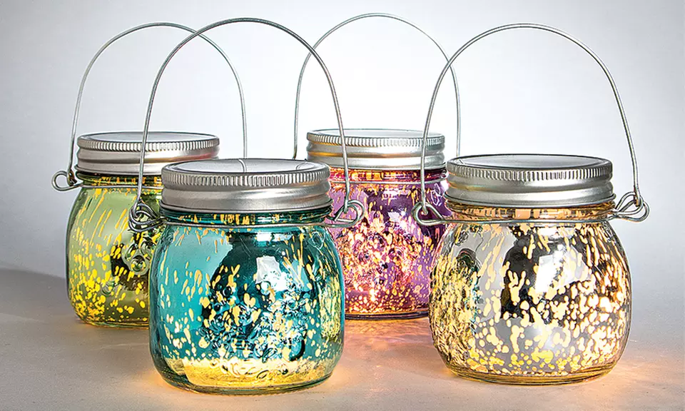 Set of 4 Hanging Lighted Mercury Glass Jars  - Primary Image