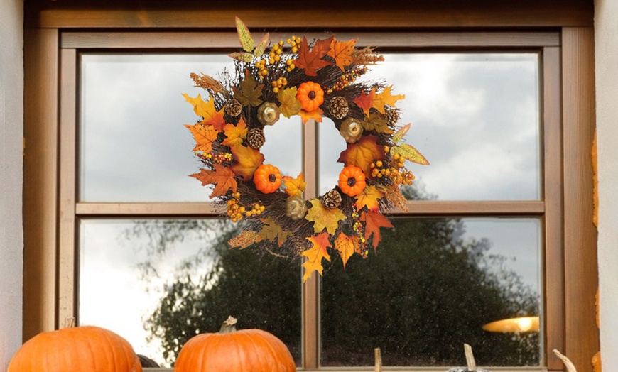 Image 7: Artificial Autumn Halloween Prelit Wreath Thanksgiving Decorations