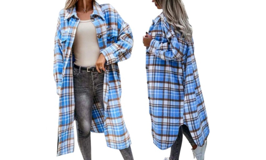 Image 5: Womens Long Plaid Shirt