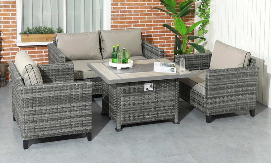 Image 1: Outsunny 5-Piece Rattan-Effect Furniture Set with Gas Fire Pit Table