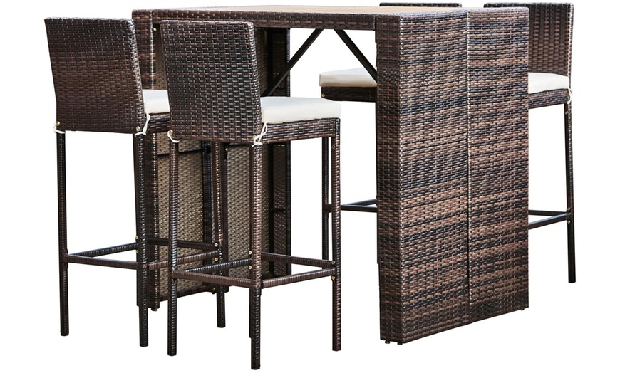 Image 4: Rattan-Effect Five-Piece Bar Height Dining Set with Wooden Tabletop