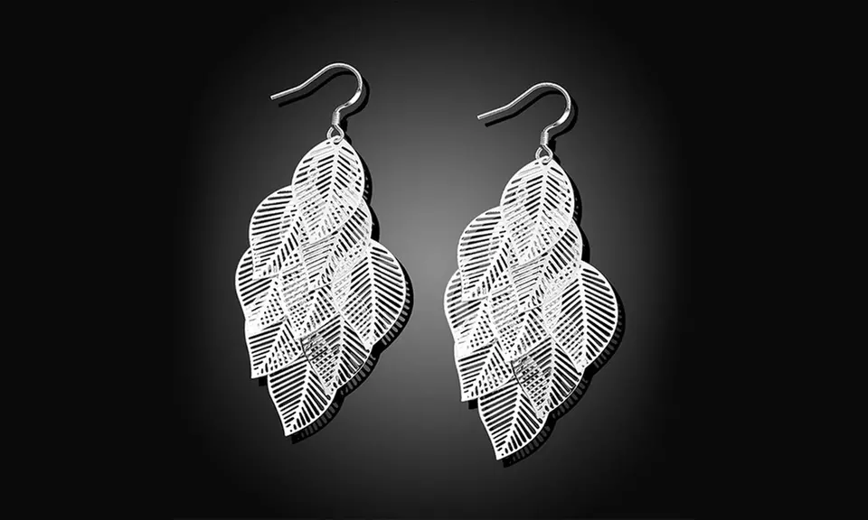 Sterling Silver Plated Leaves Drop Earrings by Jewelry Elements - Second Medium