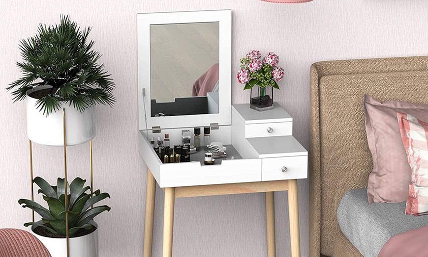 Image 4: HomCom Dressing Table with Desk Flip-up Mirror