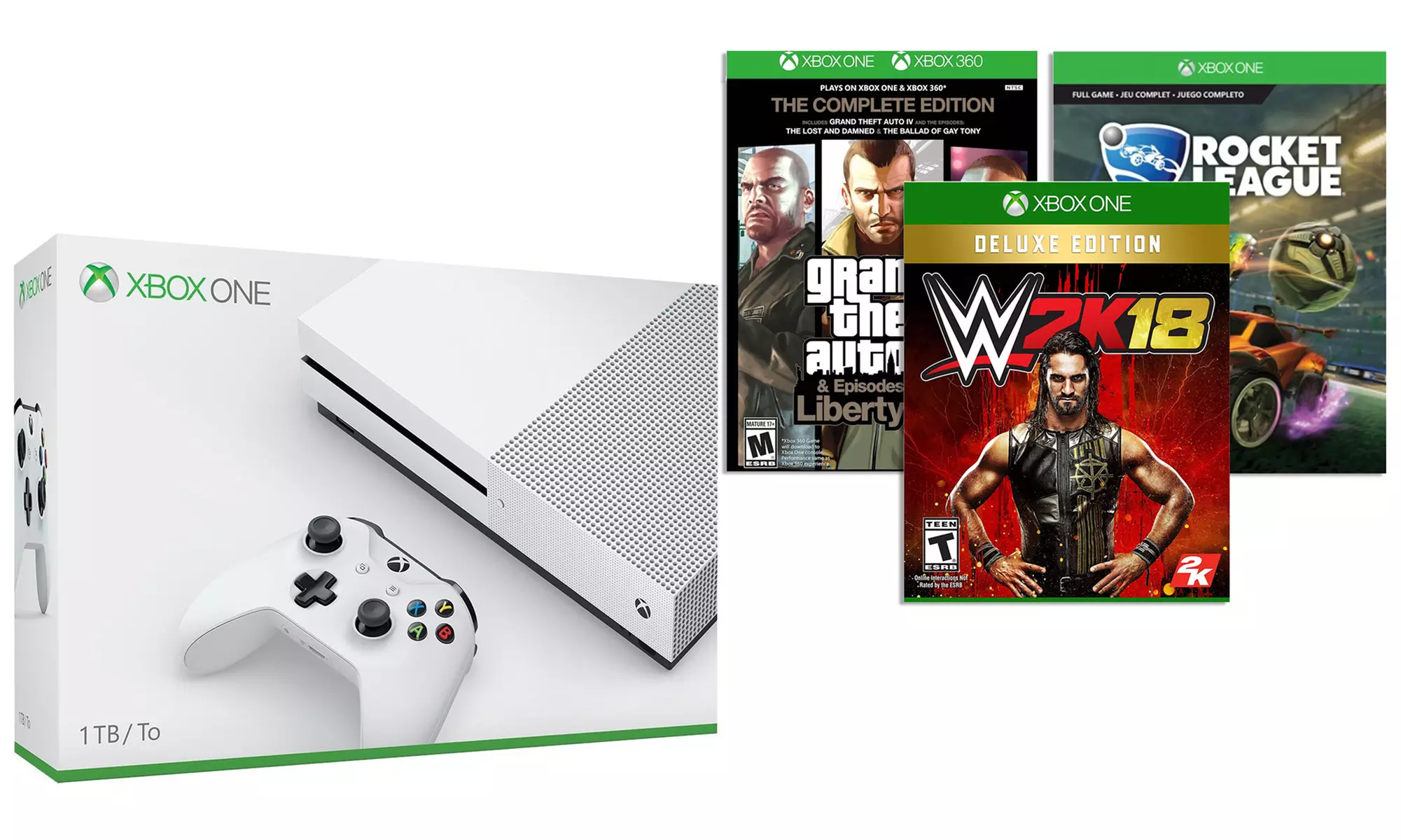 Microsoft Xbox One S 1TB Console with Rocket League, GTA IV, or WWE 2k18 Deluxe - Primary Image