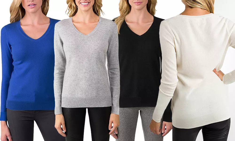 1x oder 2x Damen-Pullover aus Kaschmir-Mischung mit V-Ausschnitt in der Farbe und Größe nach Wahl - Primary Image