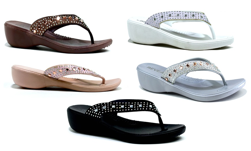 Image 1: Women's Studded Mirror Wedge Flip-Flops