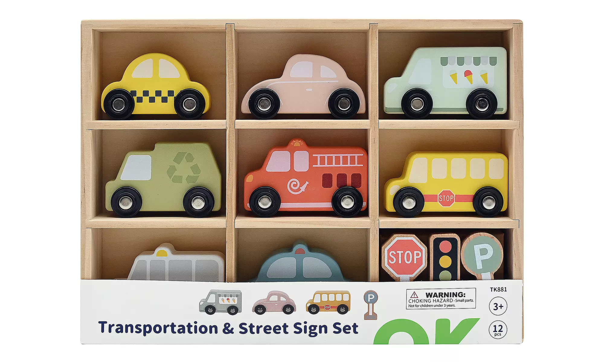 Coffret de 12 pièces dont 8 voitures et accessoires en bois, par WDK Partner - Primary Image