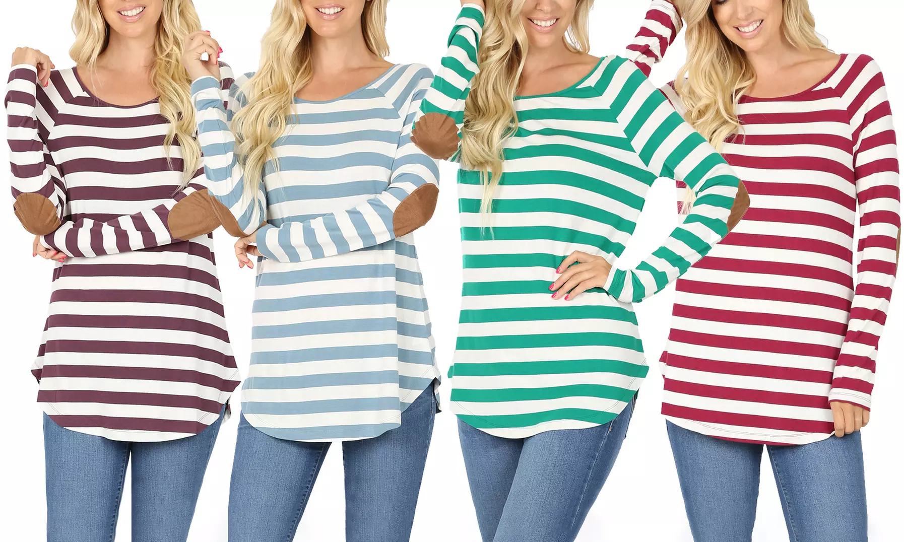 Women's Striped Long Sleeve Boat Neck Top with Elbow Patch. Plus Sizes Available. - Primary Image