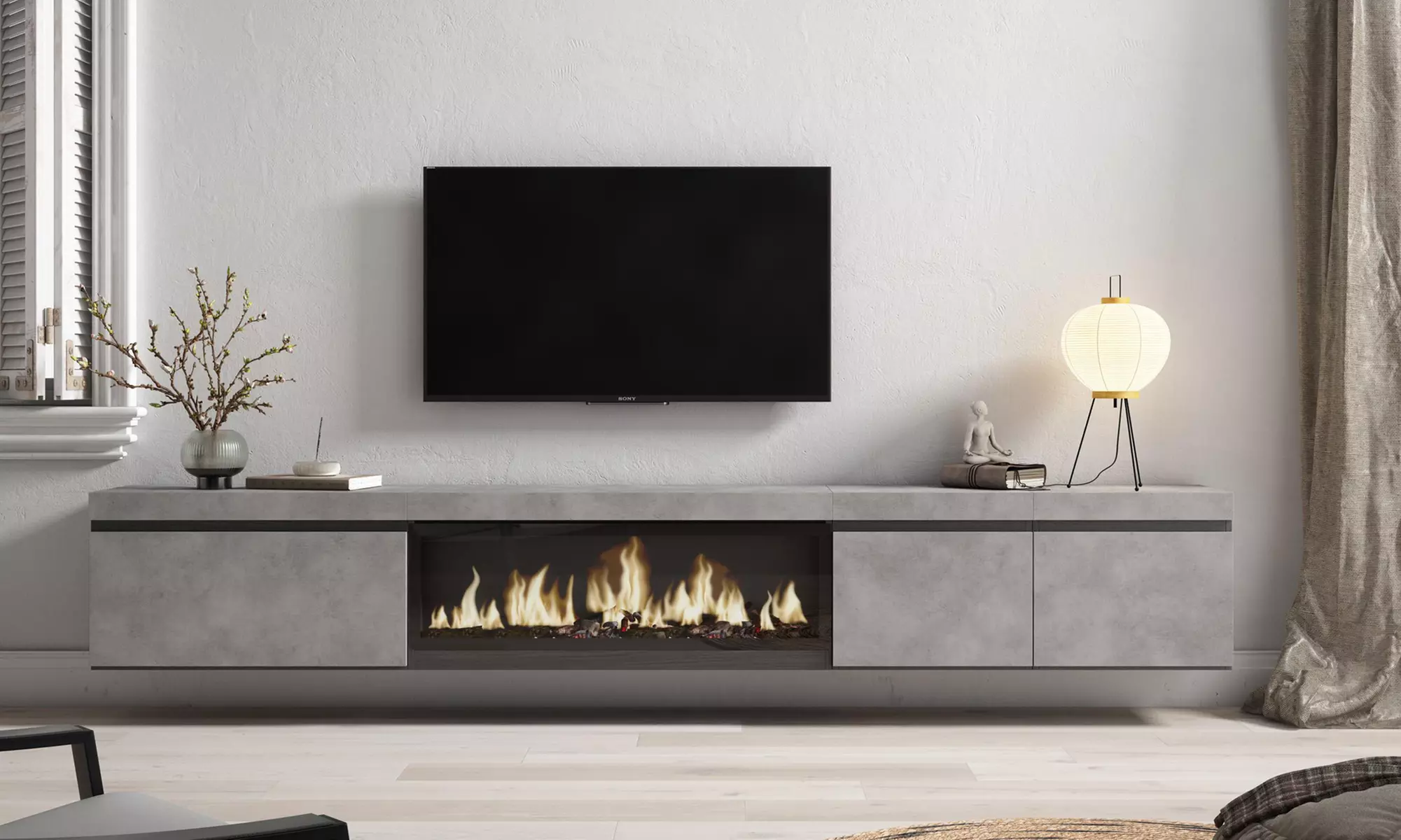 Meuble TV suspendu avec cheminée électrique en option