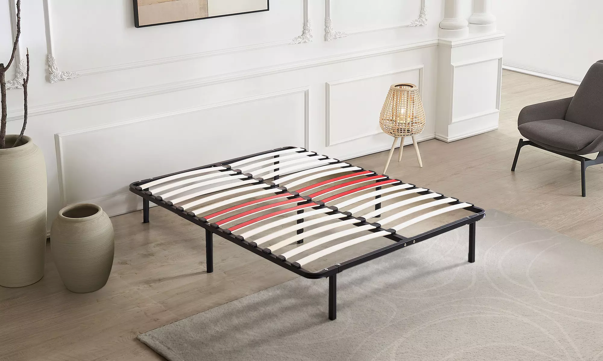 Sommier Orthoflex orthopédique, cadre à lattes métallique, pieds inclus, renfort lombaire, matelas en option, Sampur - Primary Image