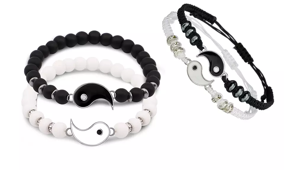 2er-Set Freundschafts-Armbänder mit Yin-Yang-Motiv in Schwarz und Weiß - Primary Image