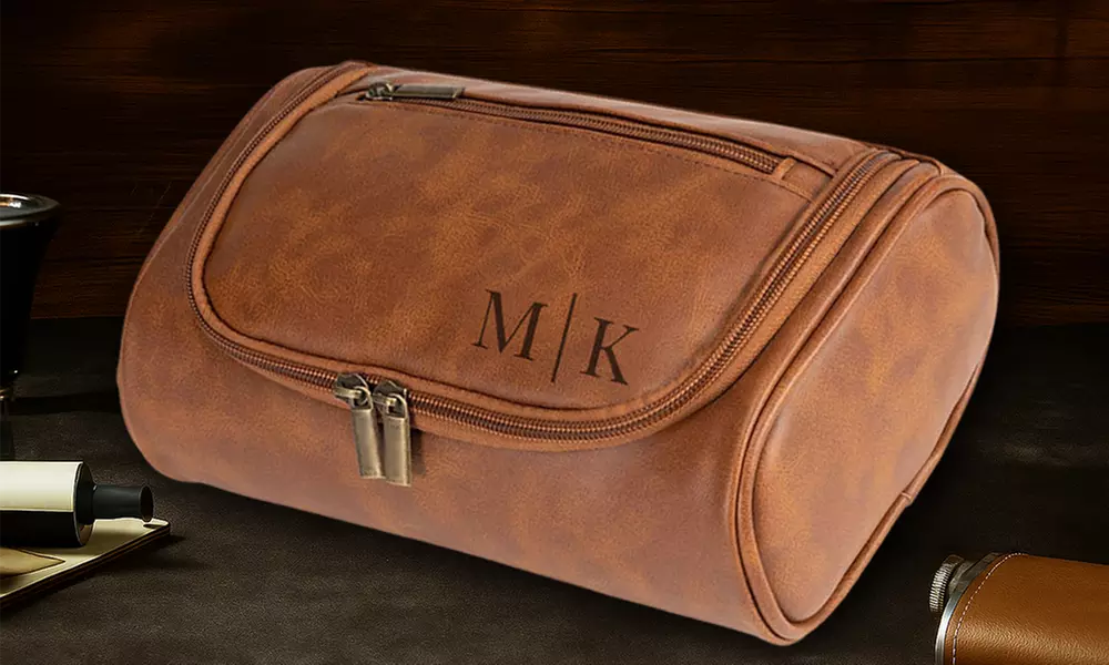Travel in style with personalized vegan-friendly leather toiletry bag