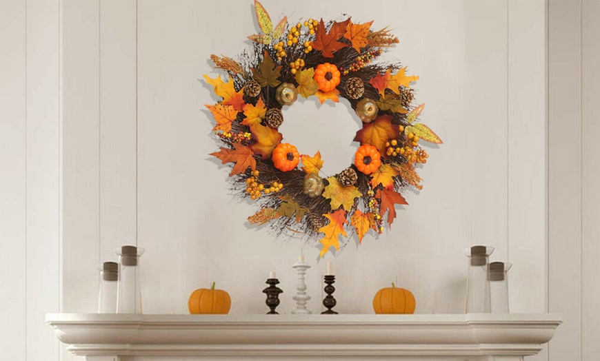 Image 1: Artificial Autumn Halloween Prelit Wreath Thanksgiving Decorations