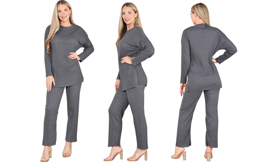 Image 4: Want Clothing Ribbed 2-Piece Wide Leg Loungewear Suit