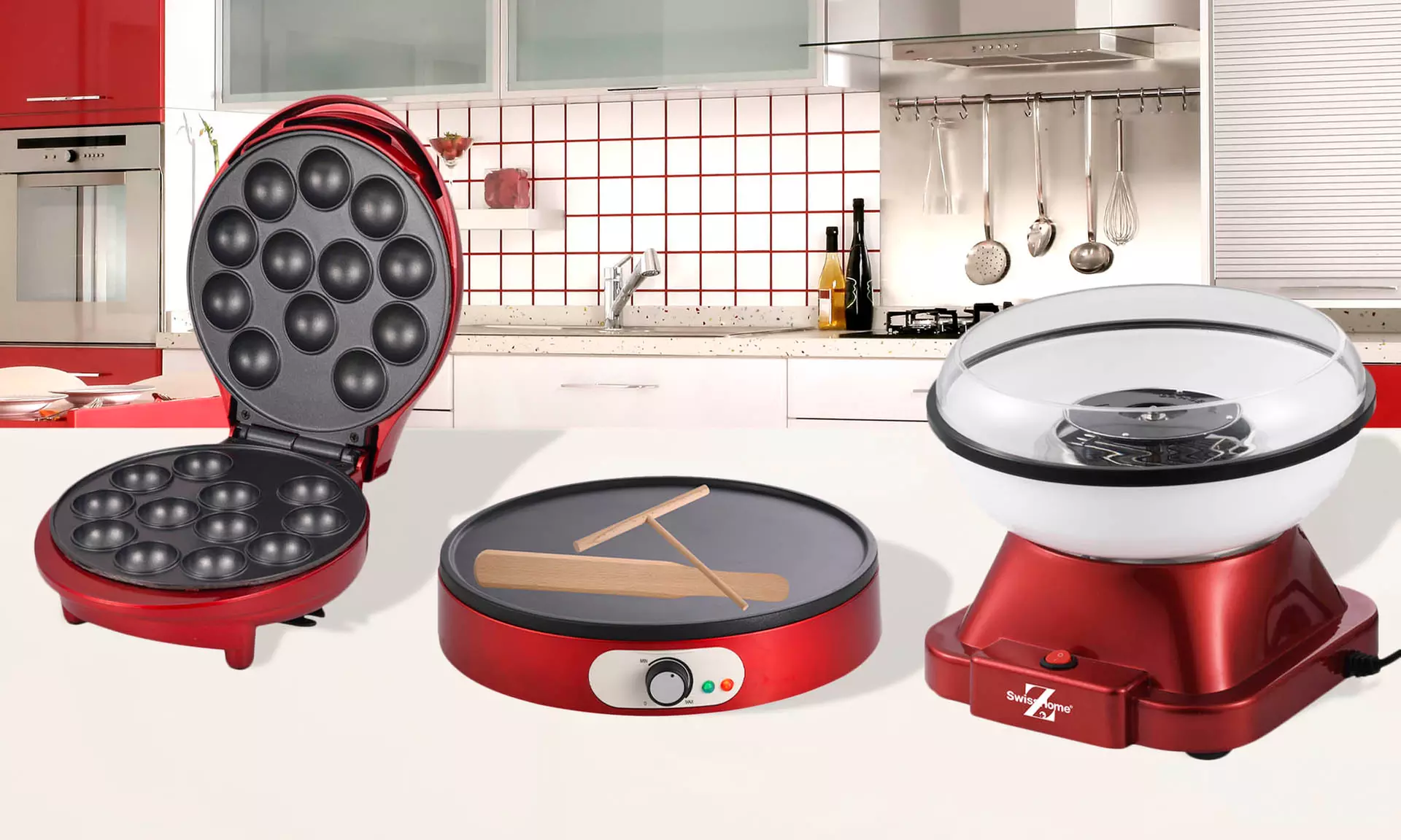 Crêpière/poêle à frire, machine à pop-cakes ou machine à barbe à papa, de la marque Swiss Home, livraison offerte - Primary Image