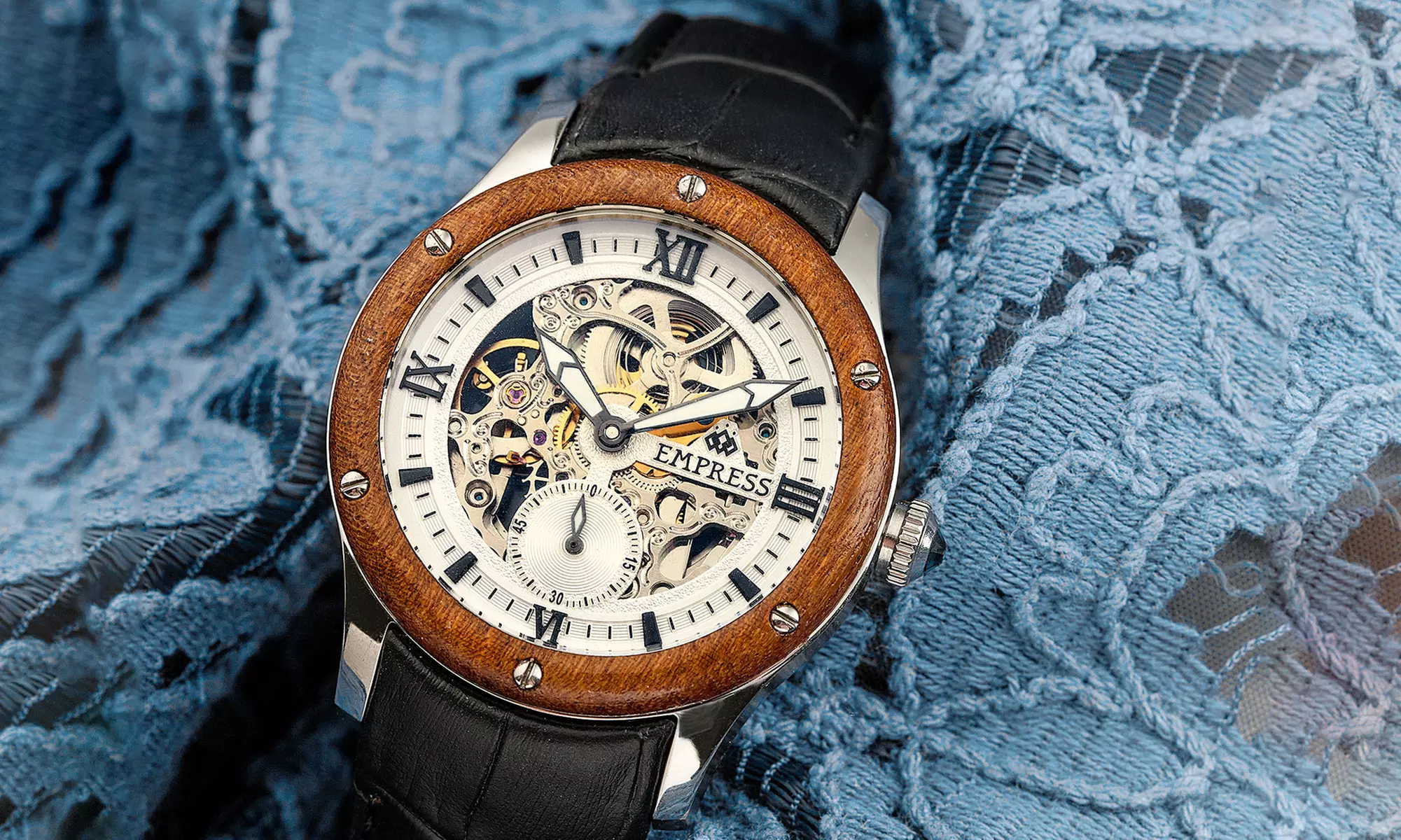 Empress Victoria Women's Automatic Skeleton Dial Wooden Bezel Leather Strap Watch - Primary Image