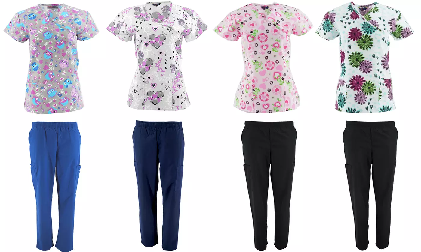 MetroScrubs Women's Printed Top and Cargo Pants Scrub Sets (2-Piece) - Primary Image