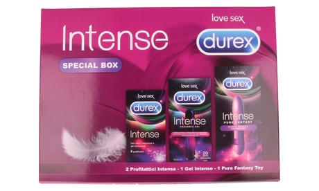 Durex Intense special Box con 12 preservativi Intense, Intense orgasmic gel e vibratore Intense Pure Fantasy