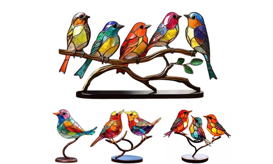 Image 1: Up to Five Stained Metal Birds on a Metal Branch Ornament 