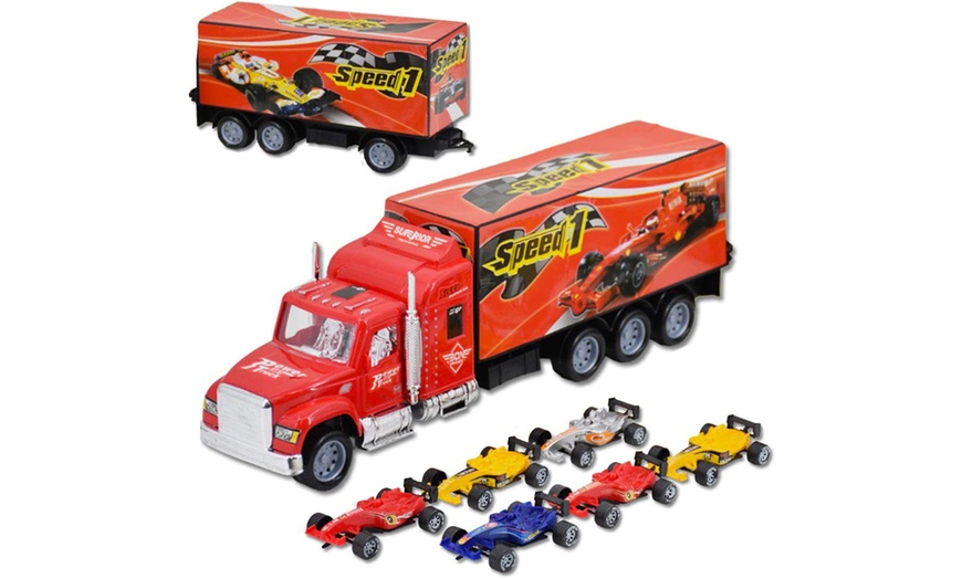 Image 1: 1:32 Scale Trailer Truck Vehicle Play Set