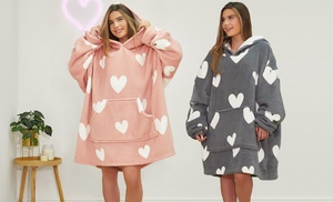 Printed Heart Oversized Sherpa Hoodie Blanket