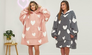 Printed Heart Oversized Sherpa Hoodie Blanket