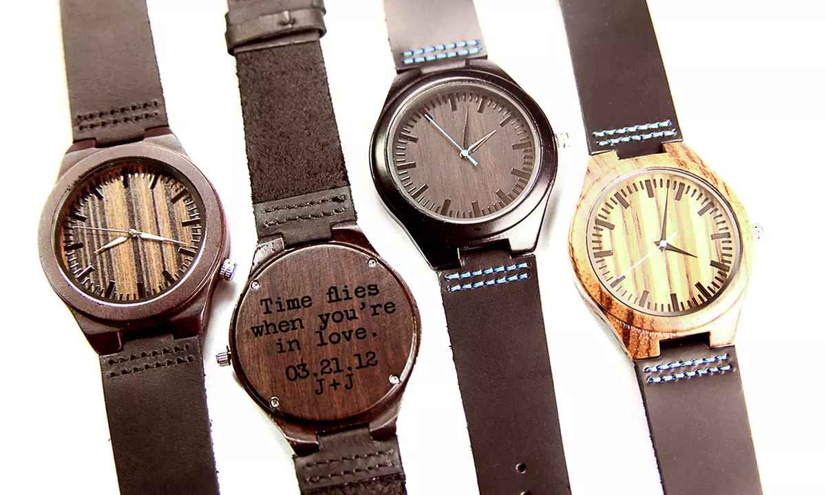 Custom Engraved Wood Watches with Leather Straps (All Fees Charged in USD) - Second Medium
