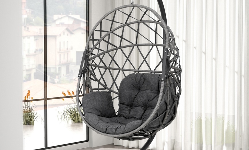 Image 15: Black Outdoor Hanging Egg Chair with Cushion