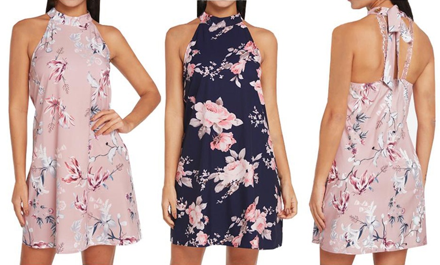 Image 1: Floral Halter Neck Dress