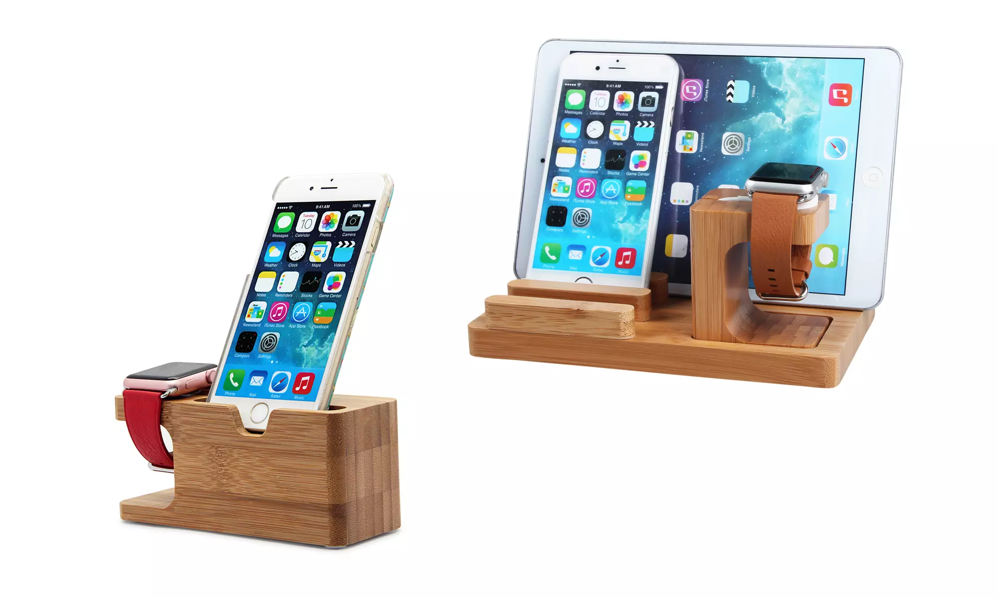 Bamboo Wood Charging Stand Cradle Holder for Apple Watch and iPhone - Primary Image