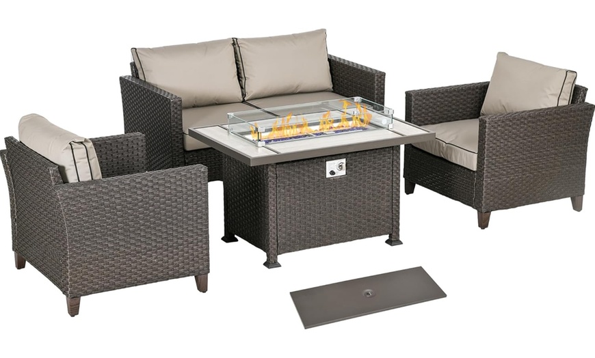 Image 2: Outsunny 5-Piece Rattan-Effect Furniture Set with Gas Fire Pit Table