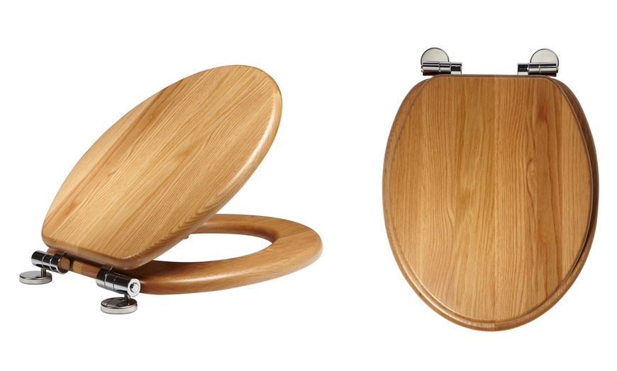 Image 1: Solid Oak Soft Close Toilet Seat