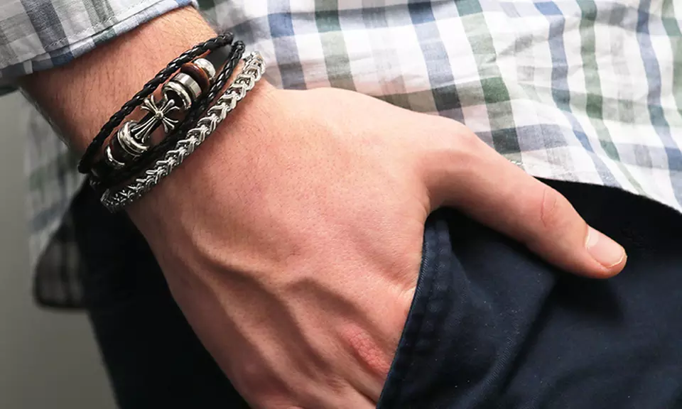 3 Row Genuine Leather Cross Bracelet and Stainless Steel Franco Bracelet (2 Piece) - Primary Image