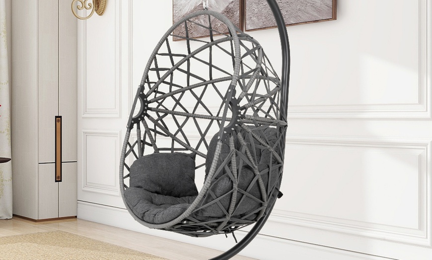 Image 13: Black Outdoor Hanging Egg Chair with Cushion