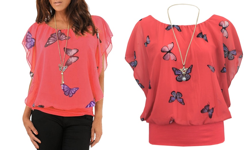 Image 4: Women's Coloured Butterfly Print Ruffle Chiffon Top with Necklace