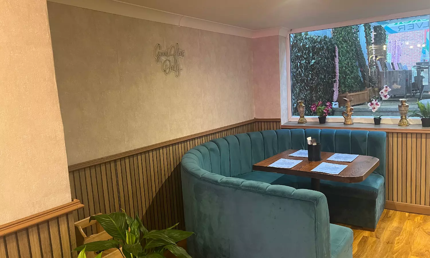 Savor Delicious Steak with Fries, Salad, Sauce and a Glass of Wine