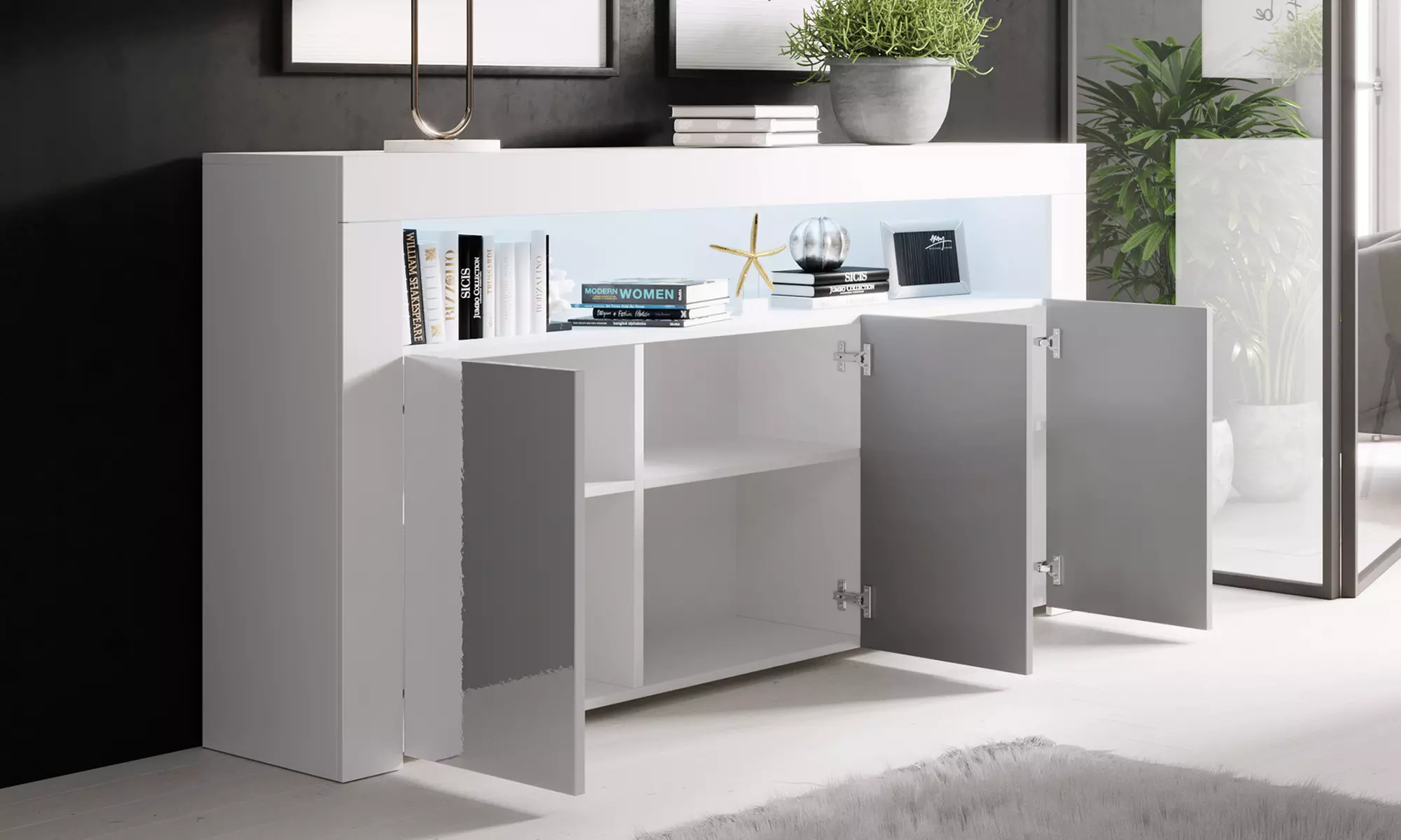 Aparador modelo Aker con acabado en brillo y luz led