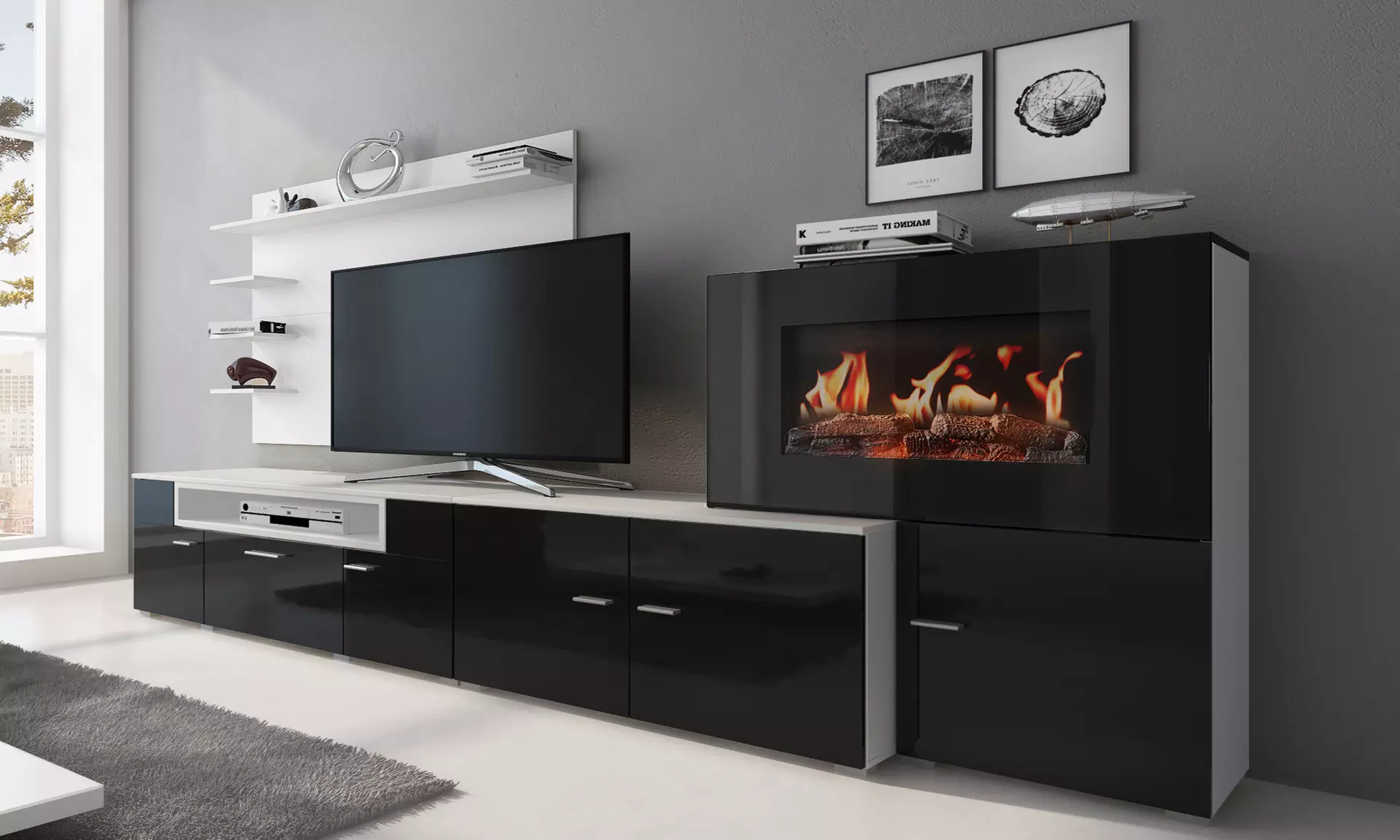 Meuble salon "Olympo" avec cheminée électrique à 5 niveaux de flamme