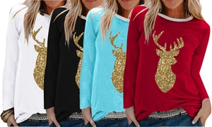 Christmas Sequined Antlers Print Ladies Long-Sleeved T-shirt